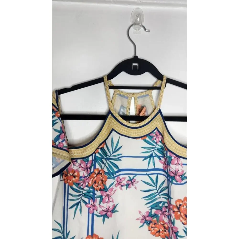 Flying Tomato Shirt XS Ivory Floral Cold Shoulder Boho Summer Top Tropical - Picture 2 of 7